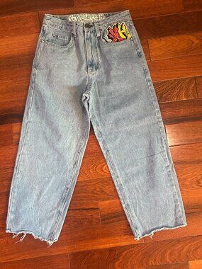 AMBUSH Jeans Size 28 Baggy Y2K Dragon Embroidered Graffiti Light Wash Denim